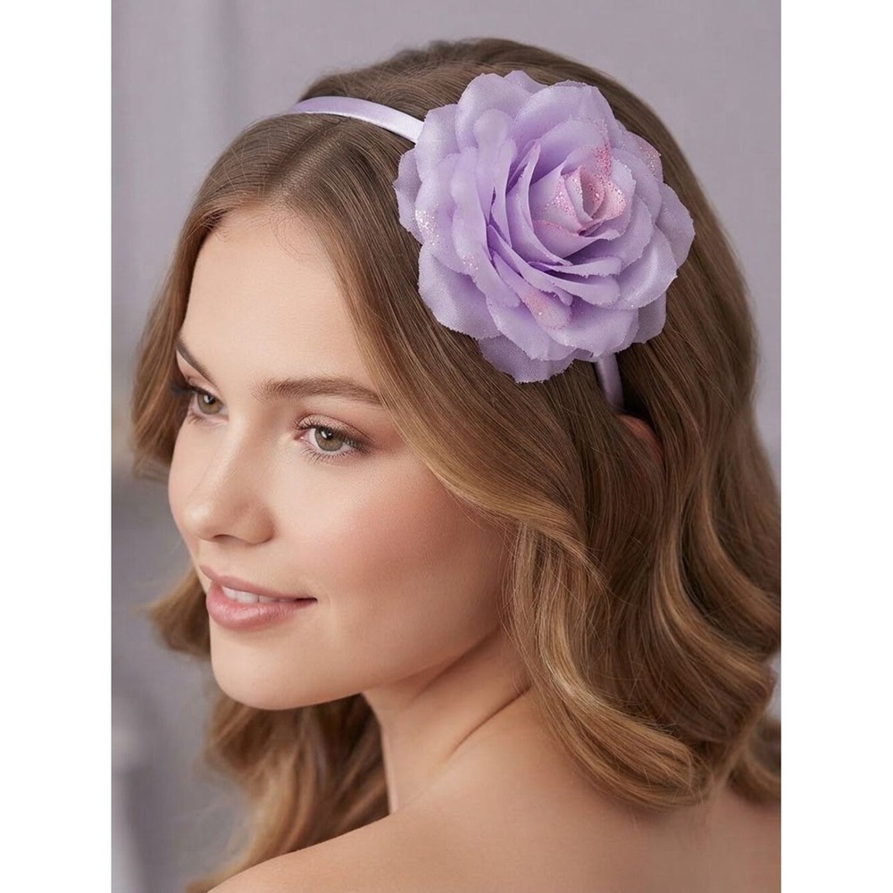 Lavender Purple Satin Flower Headband Large Rose Glitter Accent Hair Accessory
